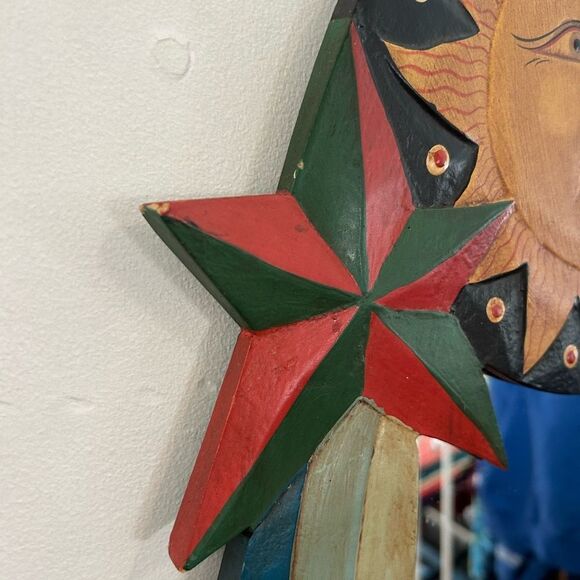 Vintage 23" Boho Celestial Wood Wall Mirror Moon Sun Stars Hand Painted Preowned - Picture 7 of 12